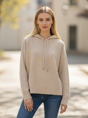 NWT Philosophy Republic Beige Ribbed Knit Pullover Hoodie Sweater Small Petite